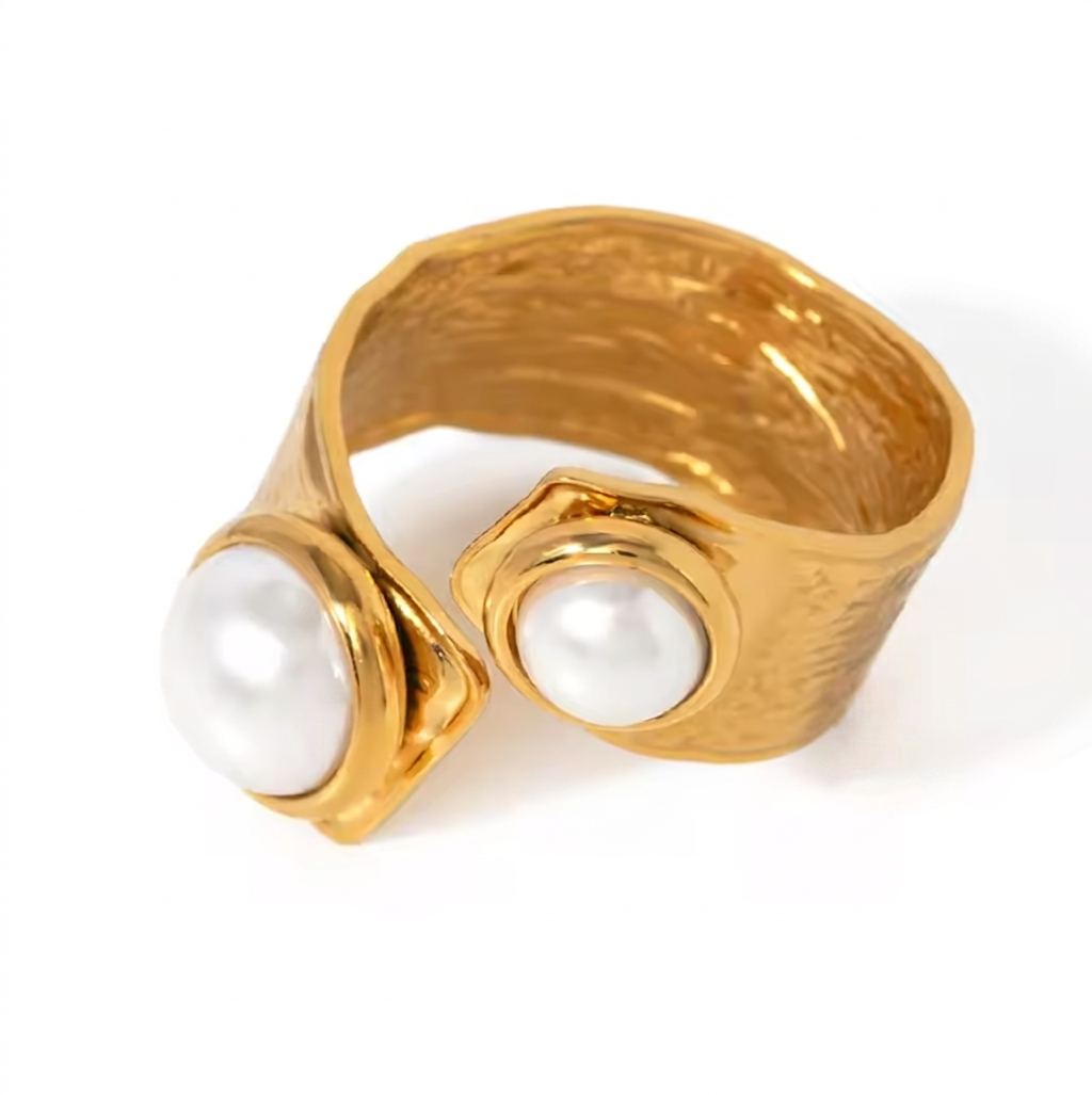 Thalia Pearl Ring – Gold Textured Open Ring