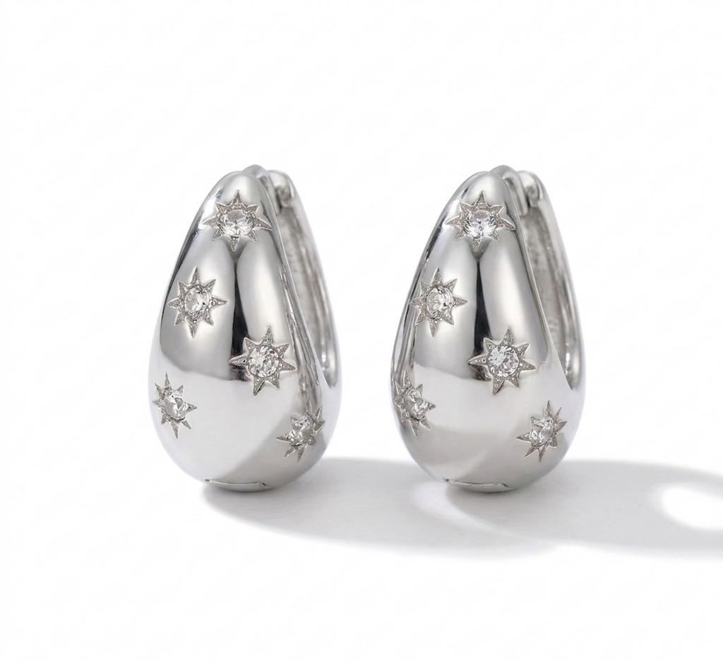 Asteria Star Hoops – Silver Crystal Dome Earrings