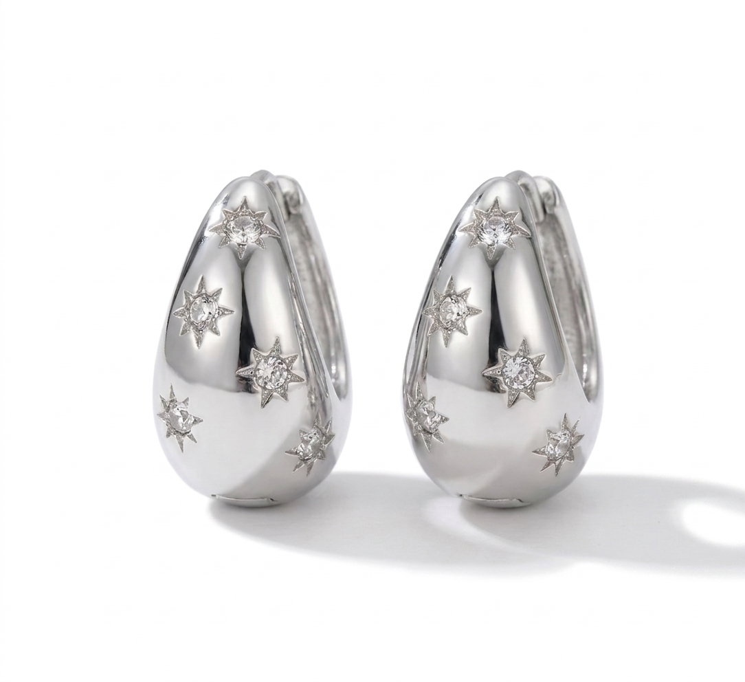 Asteria Star Hoops – Silver Crystal Dome Earrings