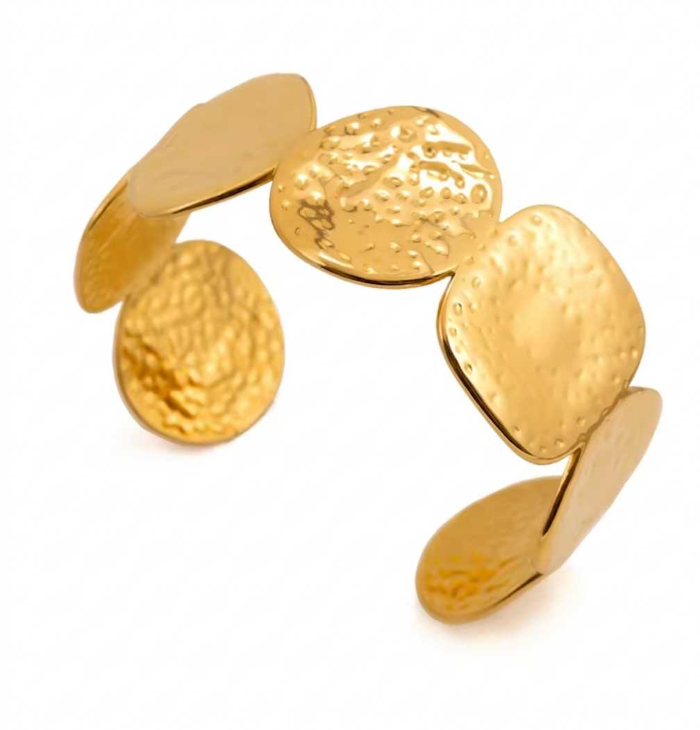 Santorini Hammered Disc Cuff Bracelet – Gold Statement Bangle