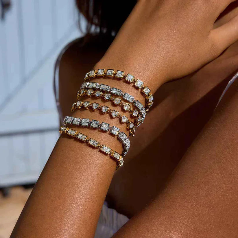 Monaco Rectangular Crystal Tennis Bracelet – Gold Plated