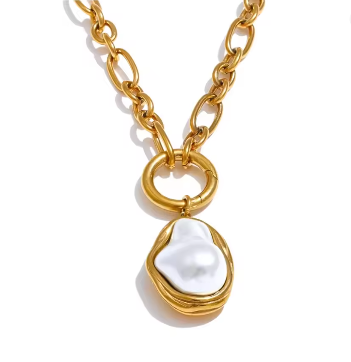 Poseidon Pearl Necklace – Gold Chunky Chain Baroque Pearl Pendant