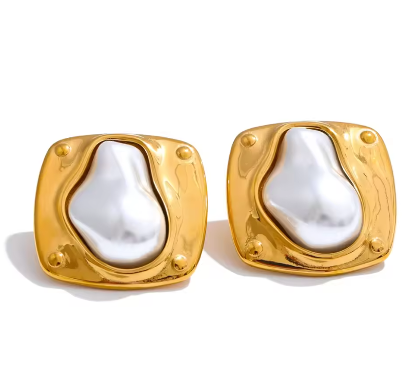 Hera Pearl Earrings – Gold Square Baroque Pearl Stud Earrings