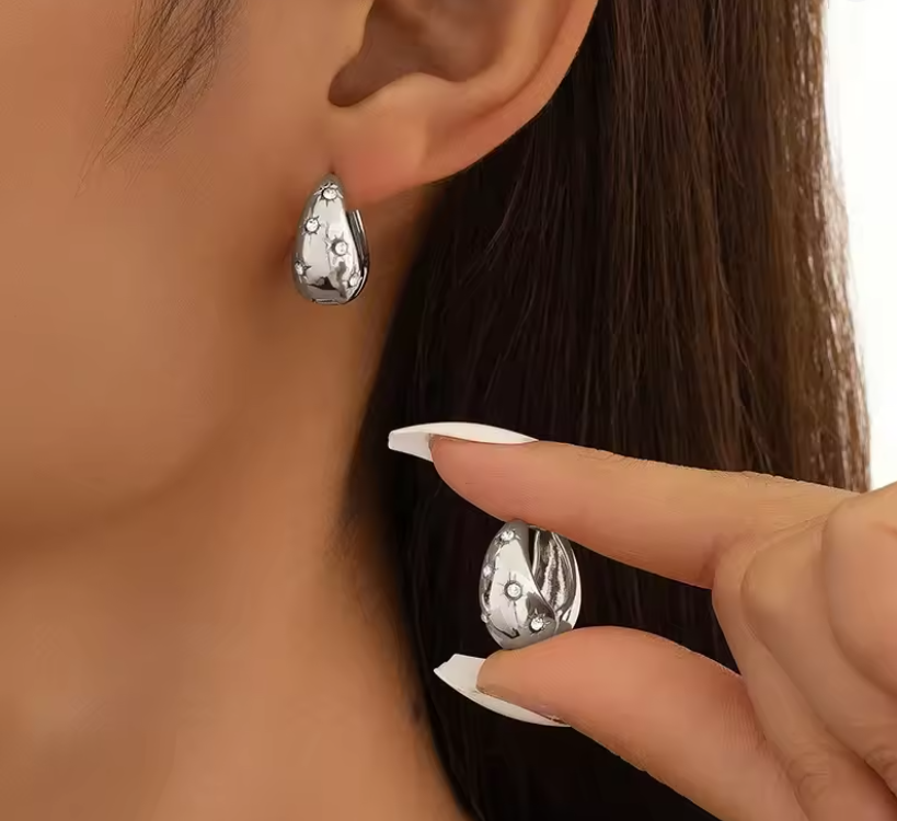 Asteria Star Hoops – Silver Crystal Dome Earrings