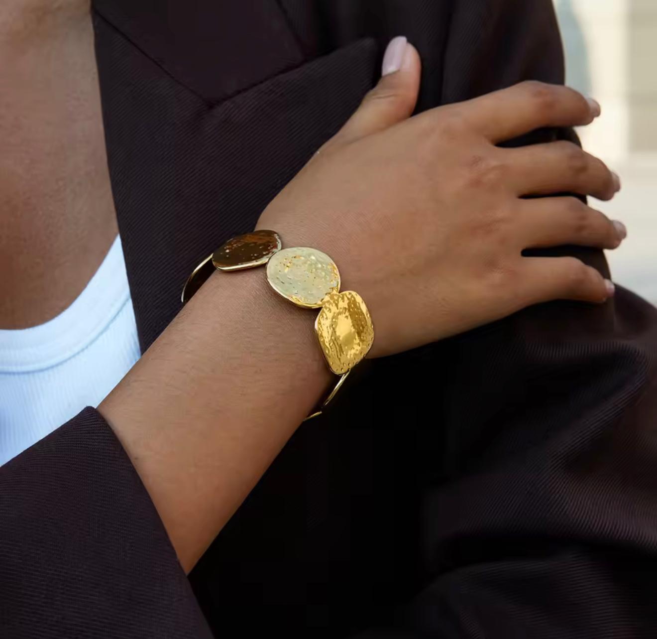 Santorini Hammered Disc Cuff Bracelet – Gold Statement Bangle