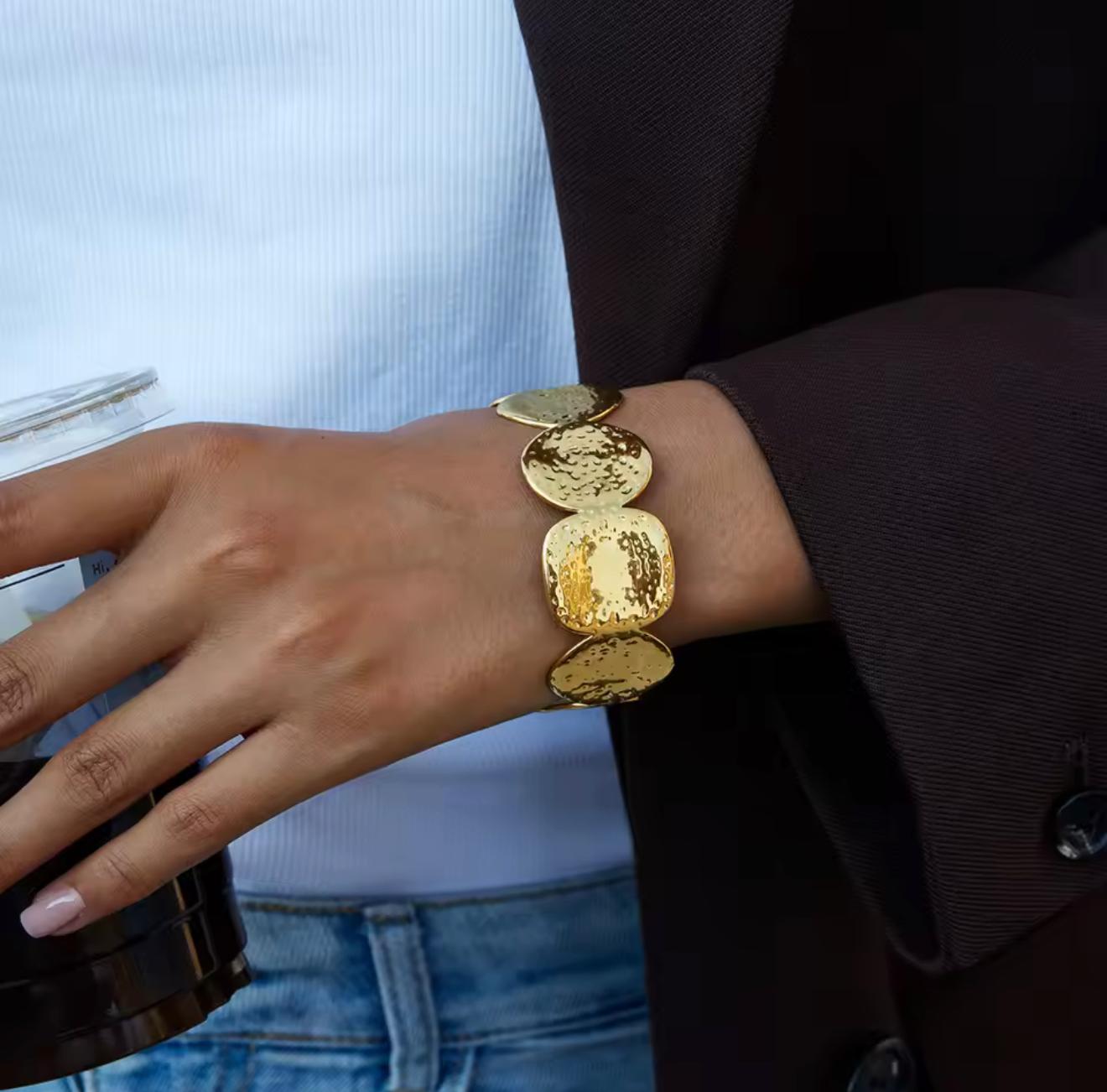 Santorini Hammered Disc Cuff Bracelet – Gold Statement Bangle