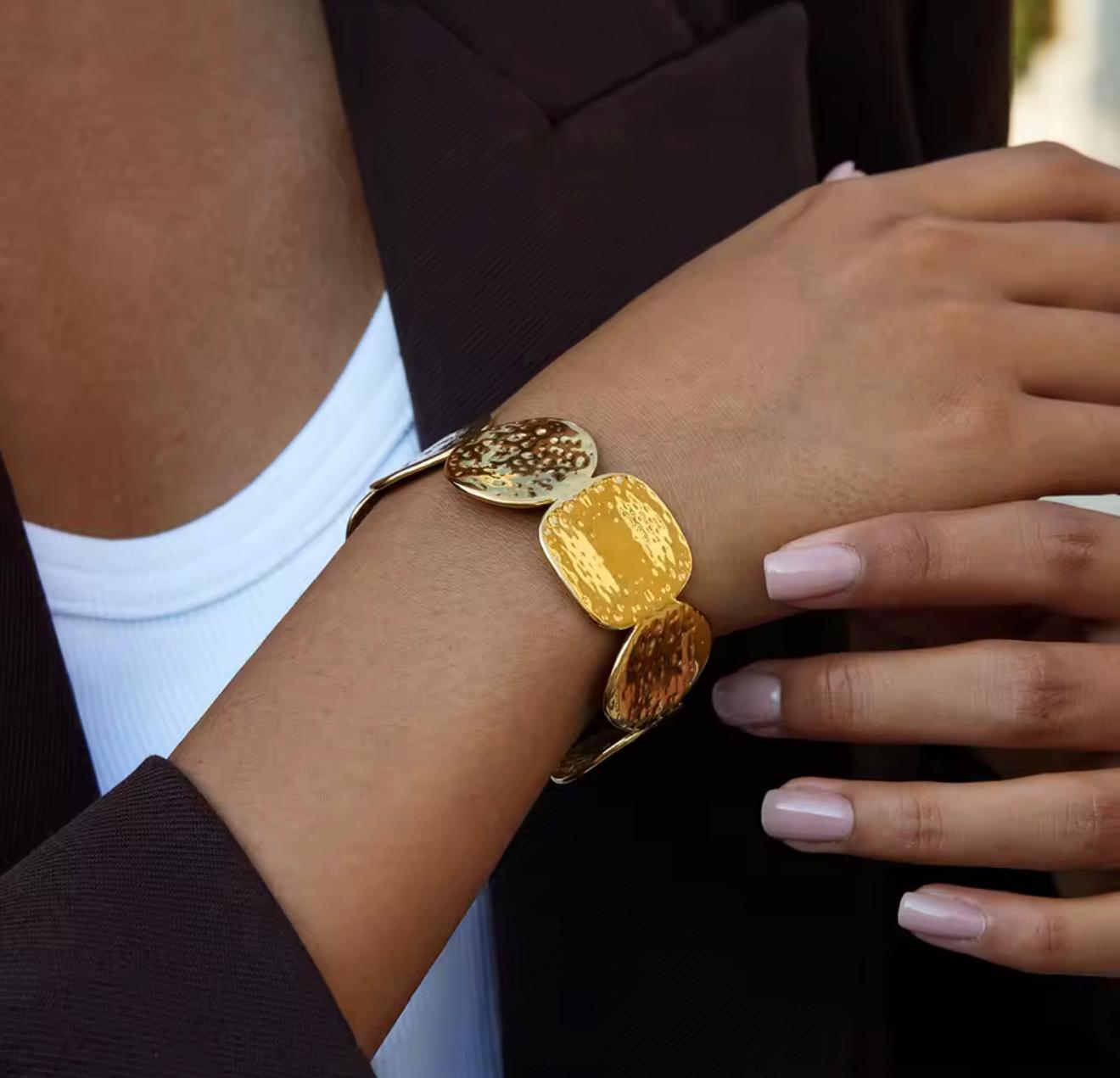 Santorini Hammered Disc Cuff Bracelet – Gold Statement Bangle